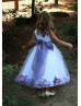 White Satin Tulle Purple Petals Tea Length Flower Girl Dress